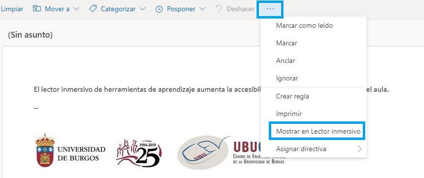 Muestra de la ruta de acceso del lector inmersivo desde Outlook online. Universidad de Burgos.