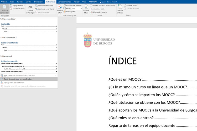 Como hace run indice en word