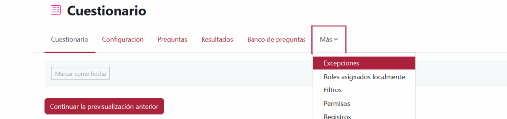 Menú horizontal Más - Excepciones
